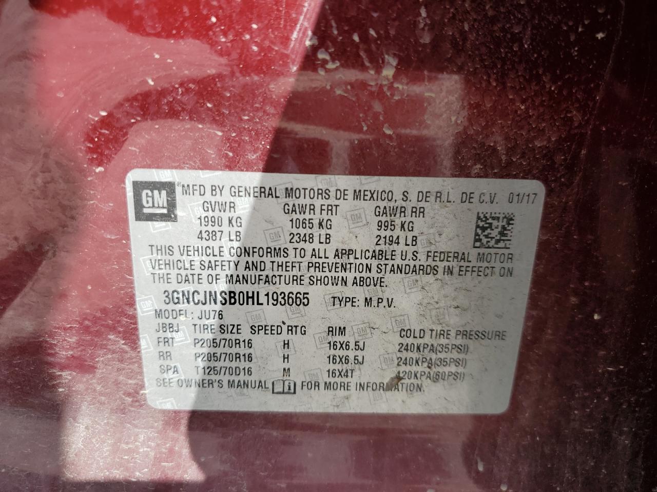 2017 Chevrolet Trax Ls VIN: 3GNCJNSB0HL193665 Lot: 55894105