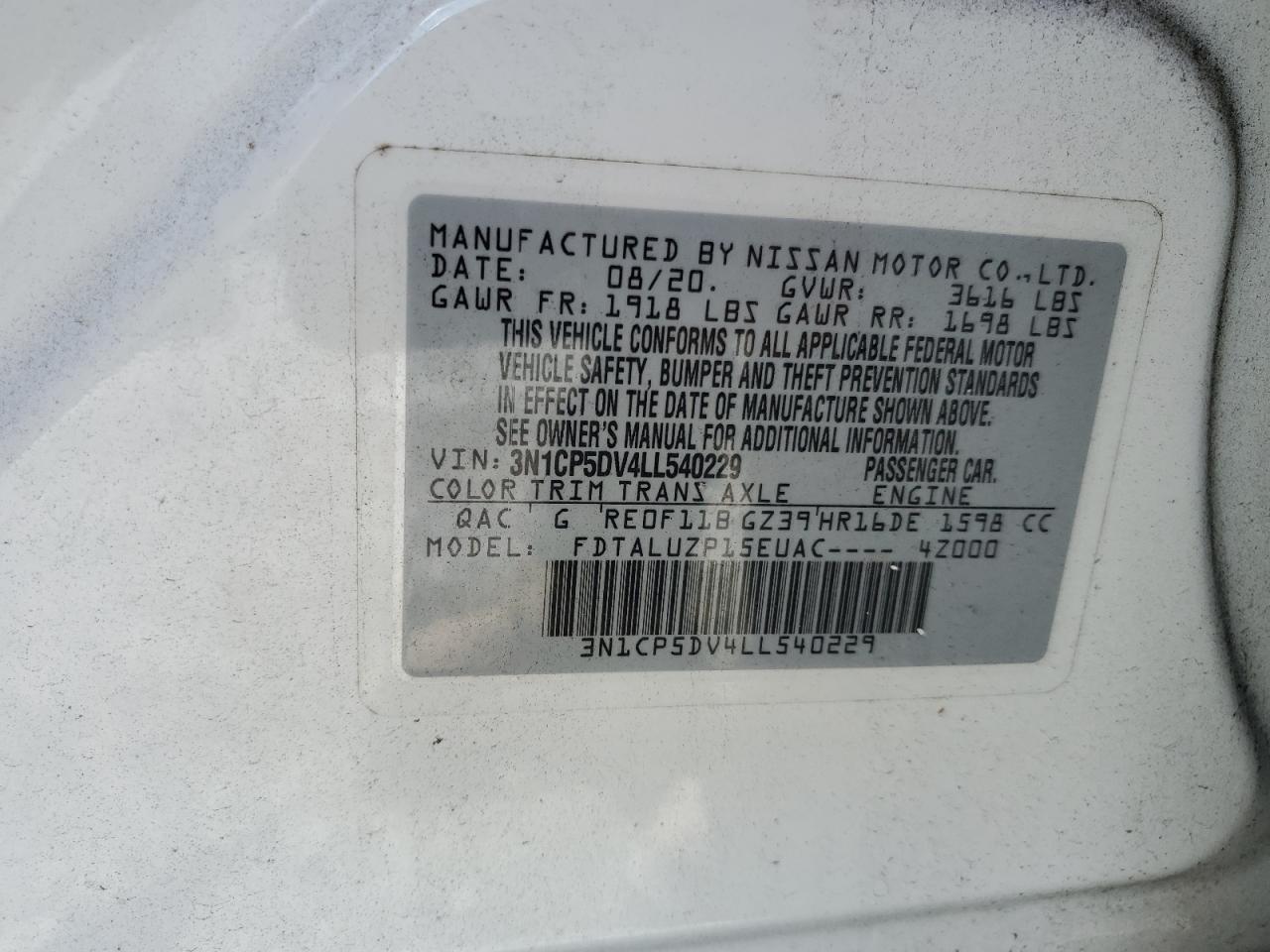 2020 Nissan Kicks Sr VIN: 3N1CP5DV4LL540229 Lot: 56818265