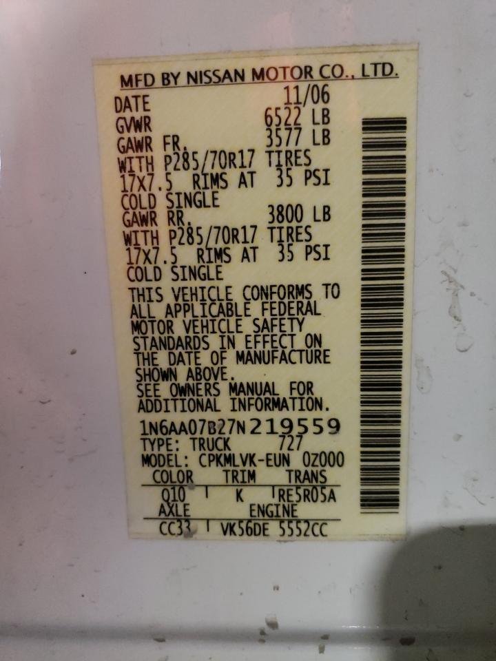 2007 Nissan Titan Xe VIN: 1N6AA07B27N219559 Lot: 57185015