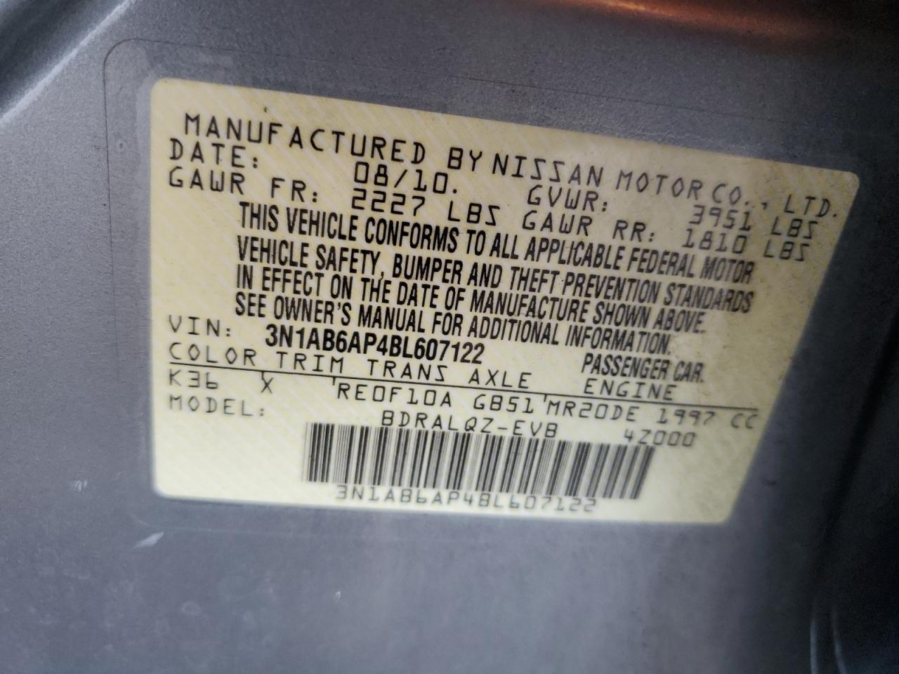2011 Nissan Sentra 2.0 VIN: 3N1AB6AP4BL607122 Lot: 59124895