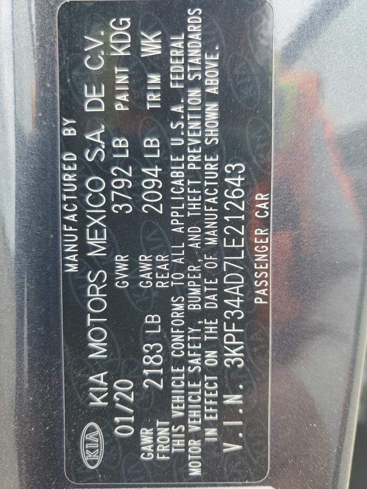 2020 Kia Forte Gt Line VIN: 3KPF34AD7LE212643 Lot: 55253685