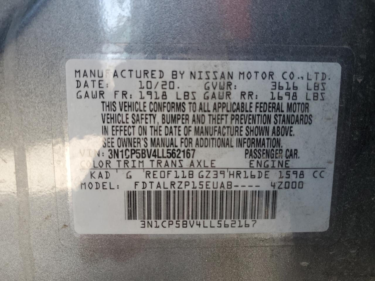 2020 Nissan Kicks S VIN: 3N1CP5BV4LL562167 Lot: 57151425