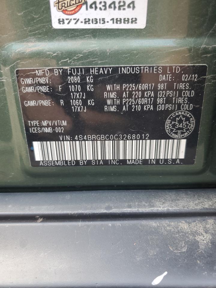 2012 Subaru Outback 2.5I Premium VIN: 4S4BRGBC0C3268012 Lot: 55421545