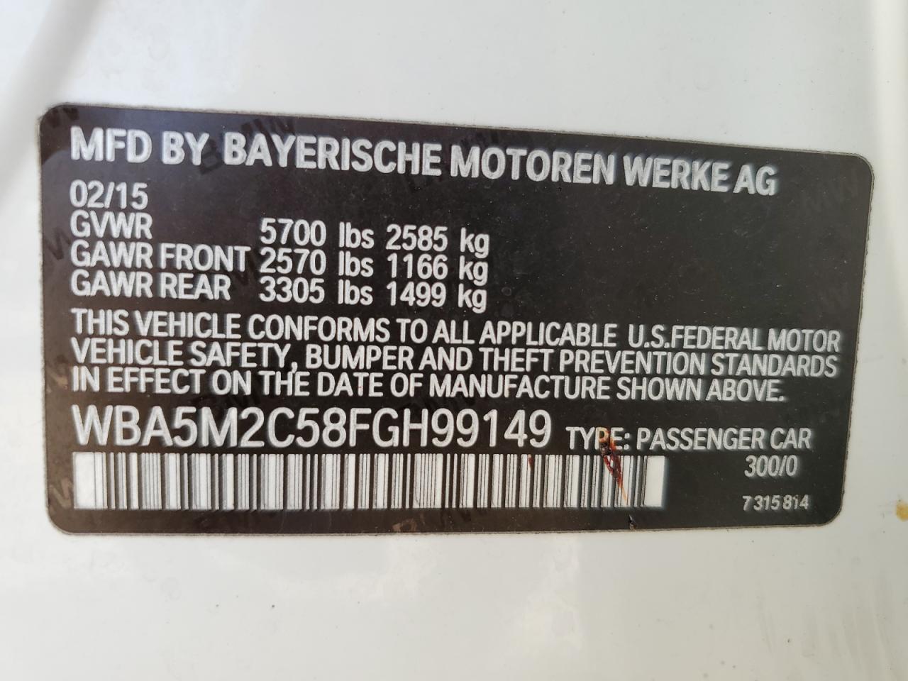 2015 BMW 535 Igt VIN: WBA5M2C58FGH99149 Lot: 57163285