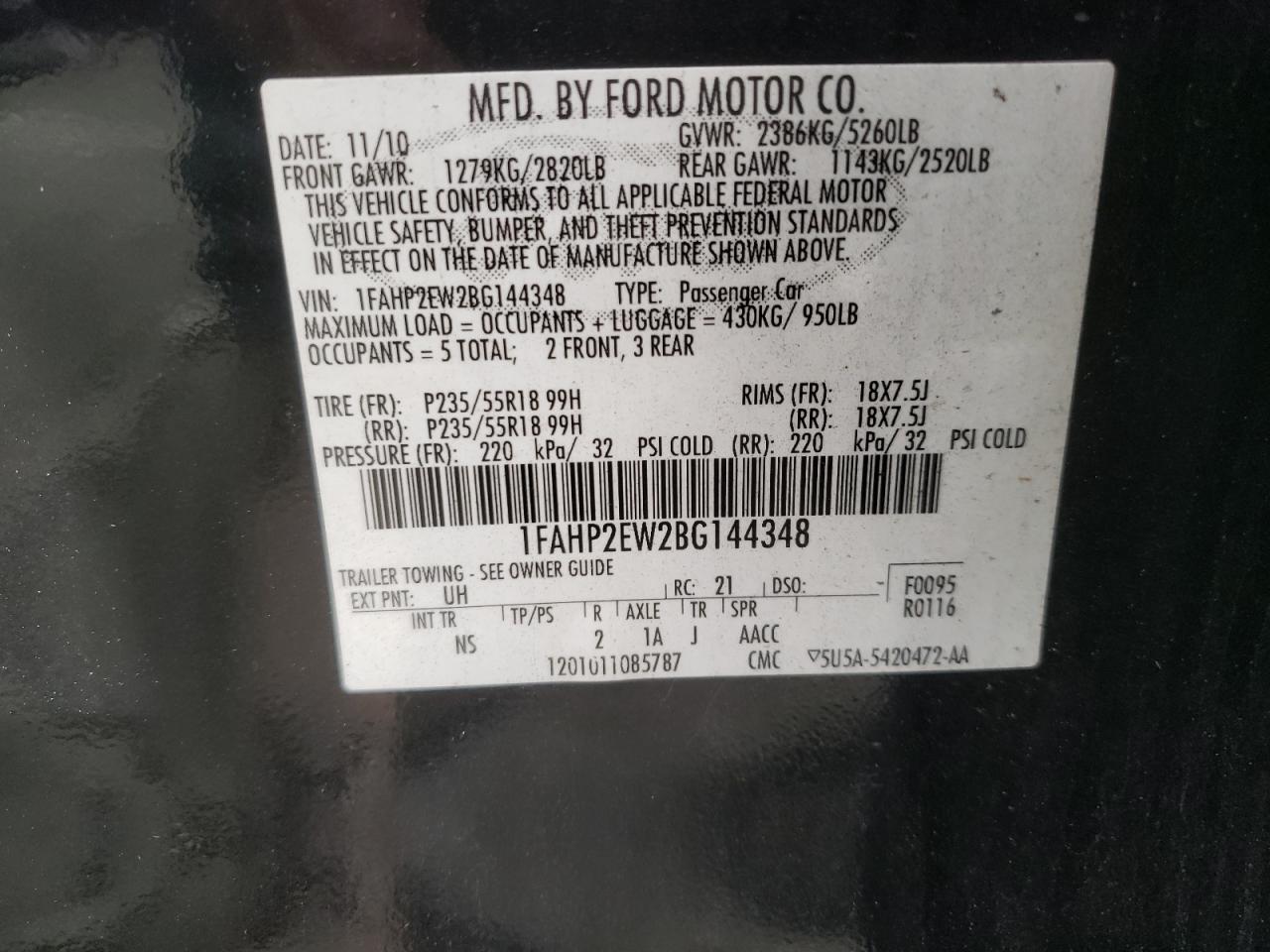 2011 Ford Taurus Sel VIN: 1FAHP2EW2BG144348 Lot: 56883505