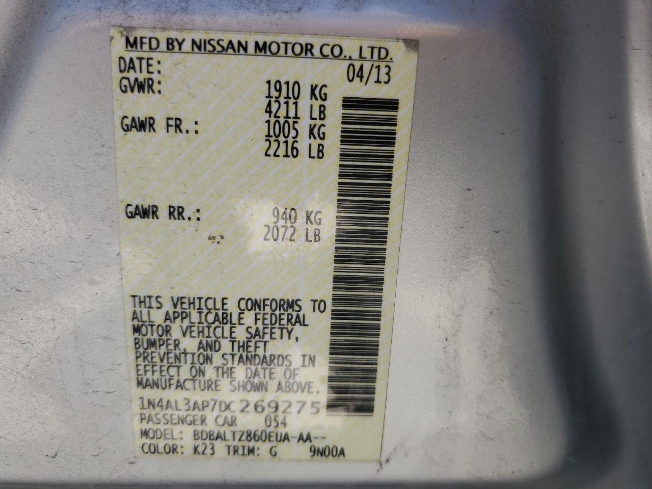 2013 Nissan Altima 2.5 VIN: 1N4AL3AP7DC269275 Lot: 56008695