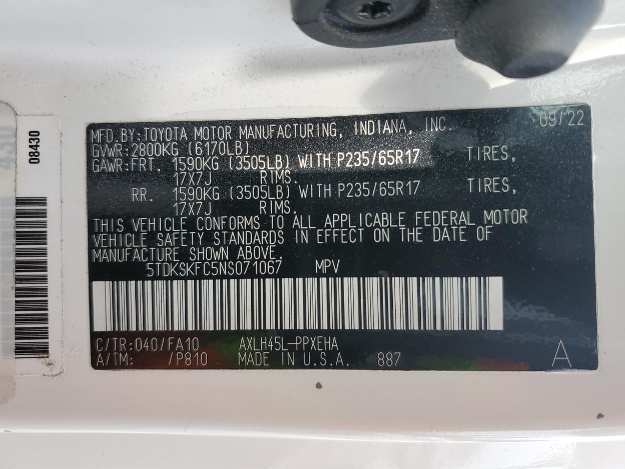 2022 Toyota Sienna Le VIN: 5TDKSKFC5NS071067 Lot: 57174235
