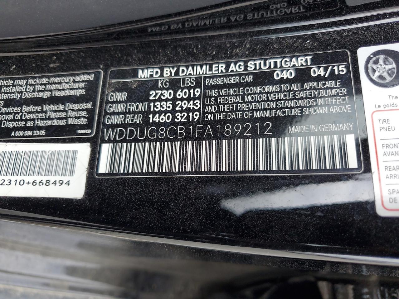 2015 Mercedes-Benz S 550 VIN: WDDUG8CB1FA189212 Lot: 58866405