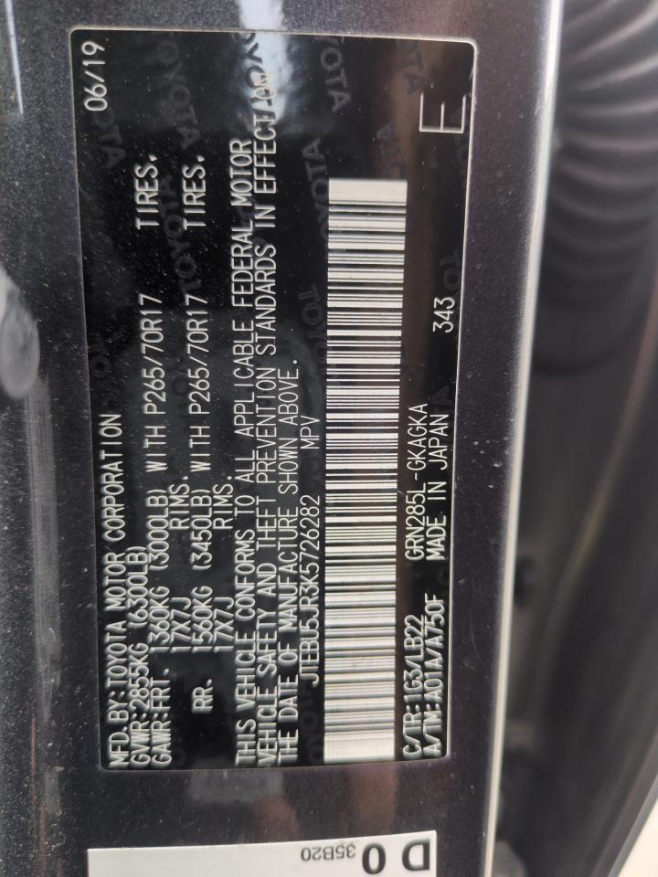 2019 Toyota 4Runner Sr5/Sr5 Premium VIN: JTEBU5JR3K5726282 Lot: 56761785