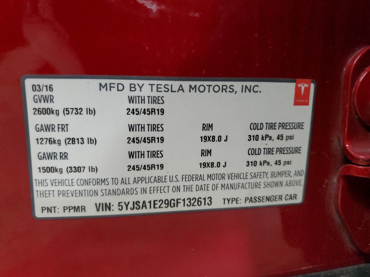 2016 Tesla Model S VIN: 5YJSA1E29GF132613 Lot: 55841625