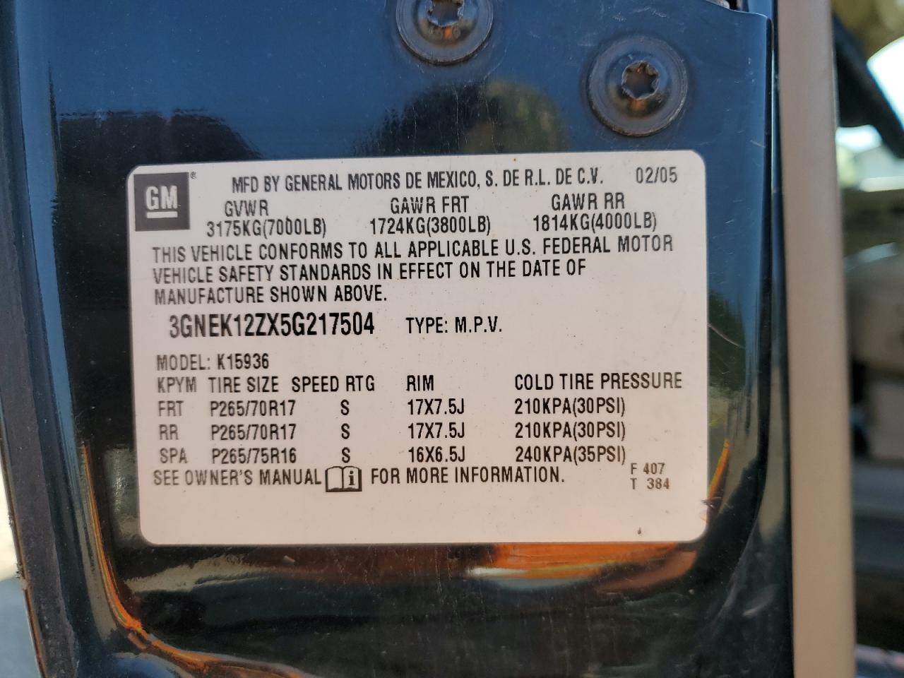 2005 Chevrolet Avalanche K1500 VIN: 3GNEK12ZX5G217504 Lot: 56369845