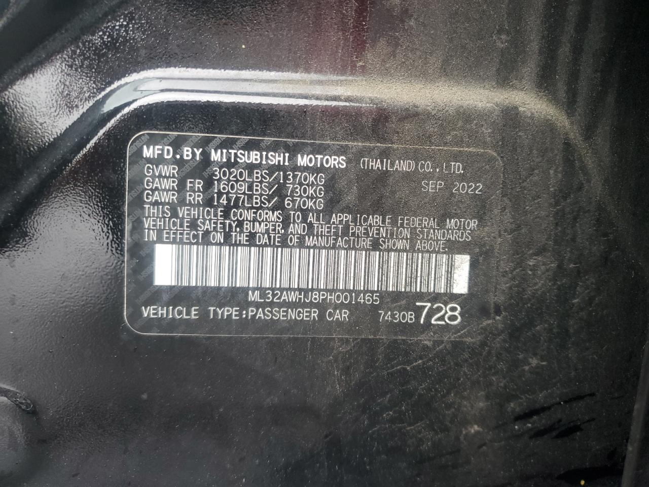 2023 Mitsubishi Mirage Se VIN: ML32AWHJ8PH001465 Lot: 56589195