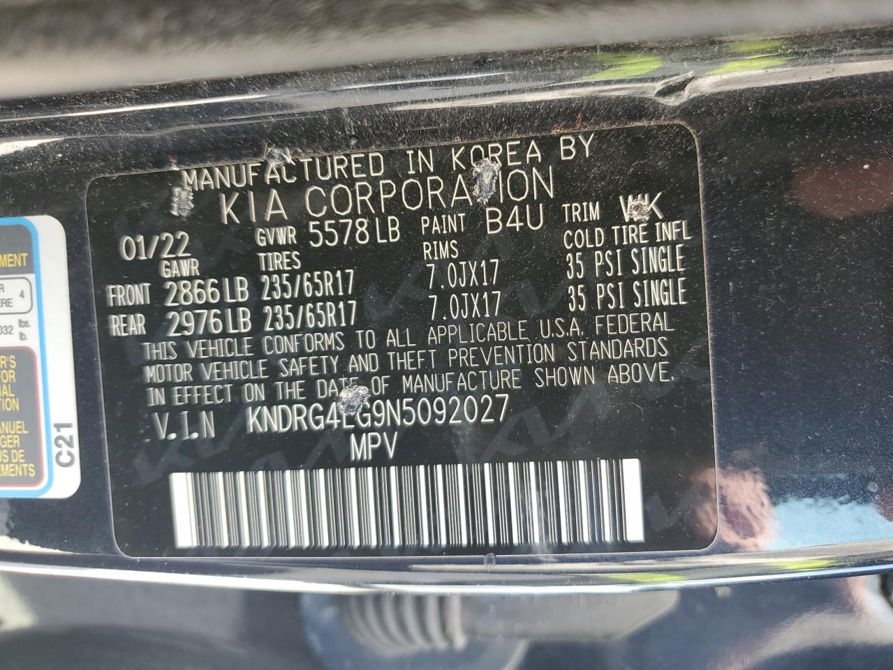 2022 Kia Sorento S VIN: KNDRG4LG9N5092027 Lot: 56035155