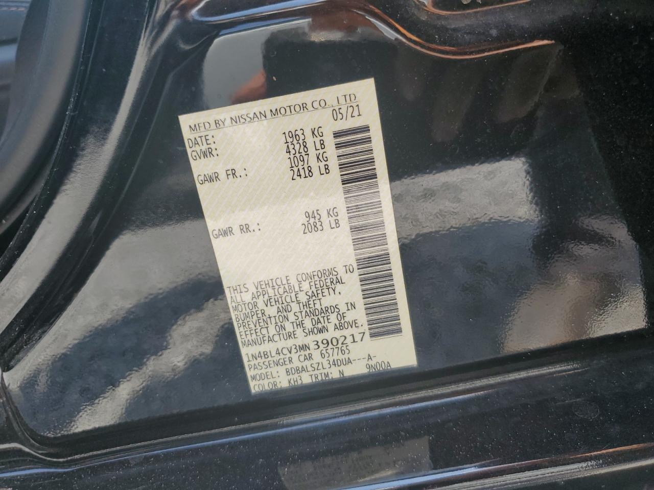 2021 Nissan Altima Sr VIN: 1N4BL4CV3MN390217 Lot: 65506145