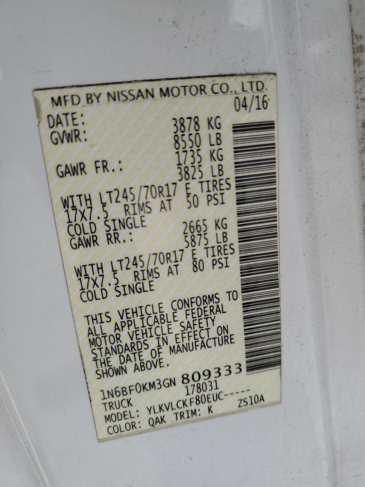 2016 Nissan Nv 1500 S VIN: 1N6BF0KM3GN809333 Lot: 55417845