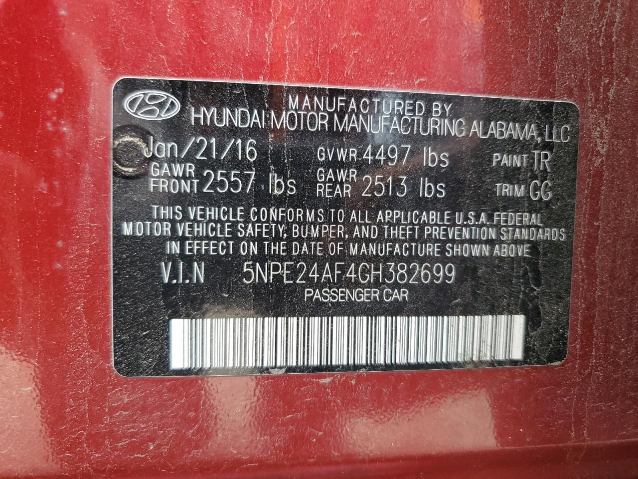 2016 Hyundai Sonata Se VIN: 5NPE24AF4GH382699 Lot: 56337025