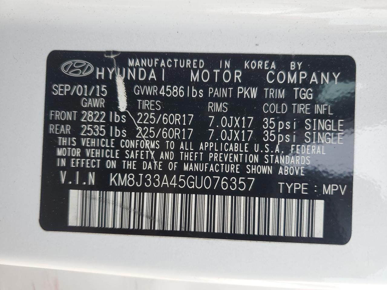 2016 Hyundai Tucson Limited VIN: KM8J33A45GU076357 Lot: 56244385