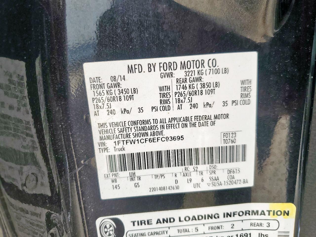 2014 Ford F150 Supercrew VIN: 1FTFW1CF6EFC93695 Lot: 56525855