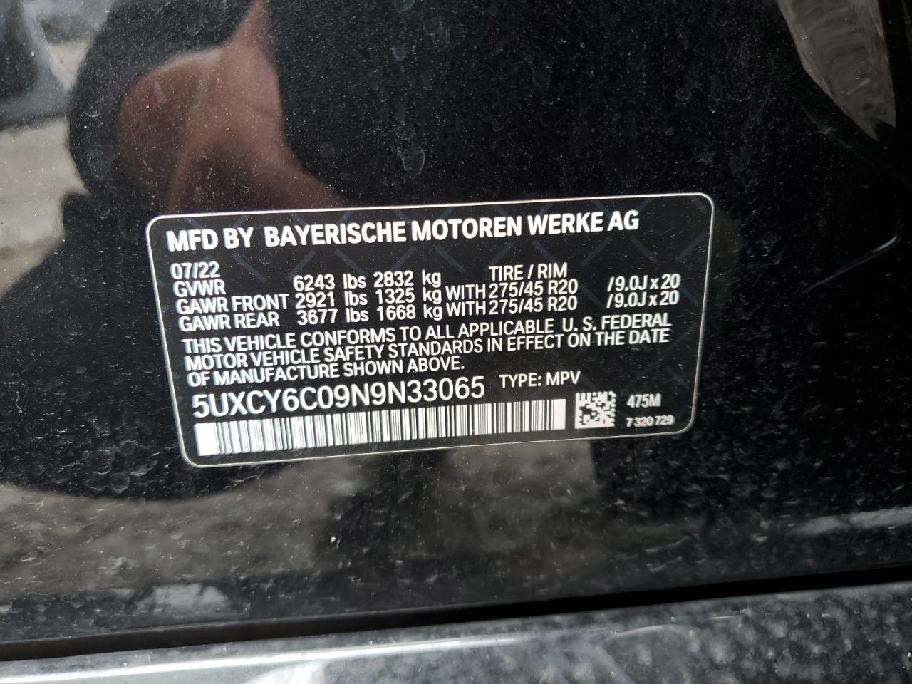 2022 BMW X6 xDrive40I VIN: 5UXCY6C09N9N33065 Lot: 54624865