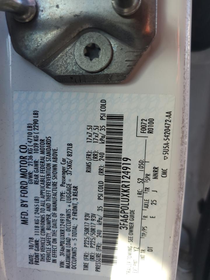 2019 Ford Fusion Se VIN: 3FA6P0LUXKR124919 Lot: 54022955