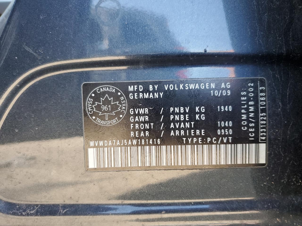 2010 Volkswagen Golf VIN: WVWDA7AJ5AW181416 Lot: 55767605