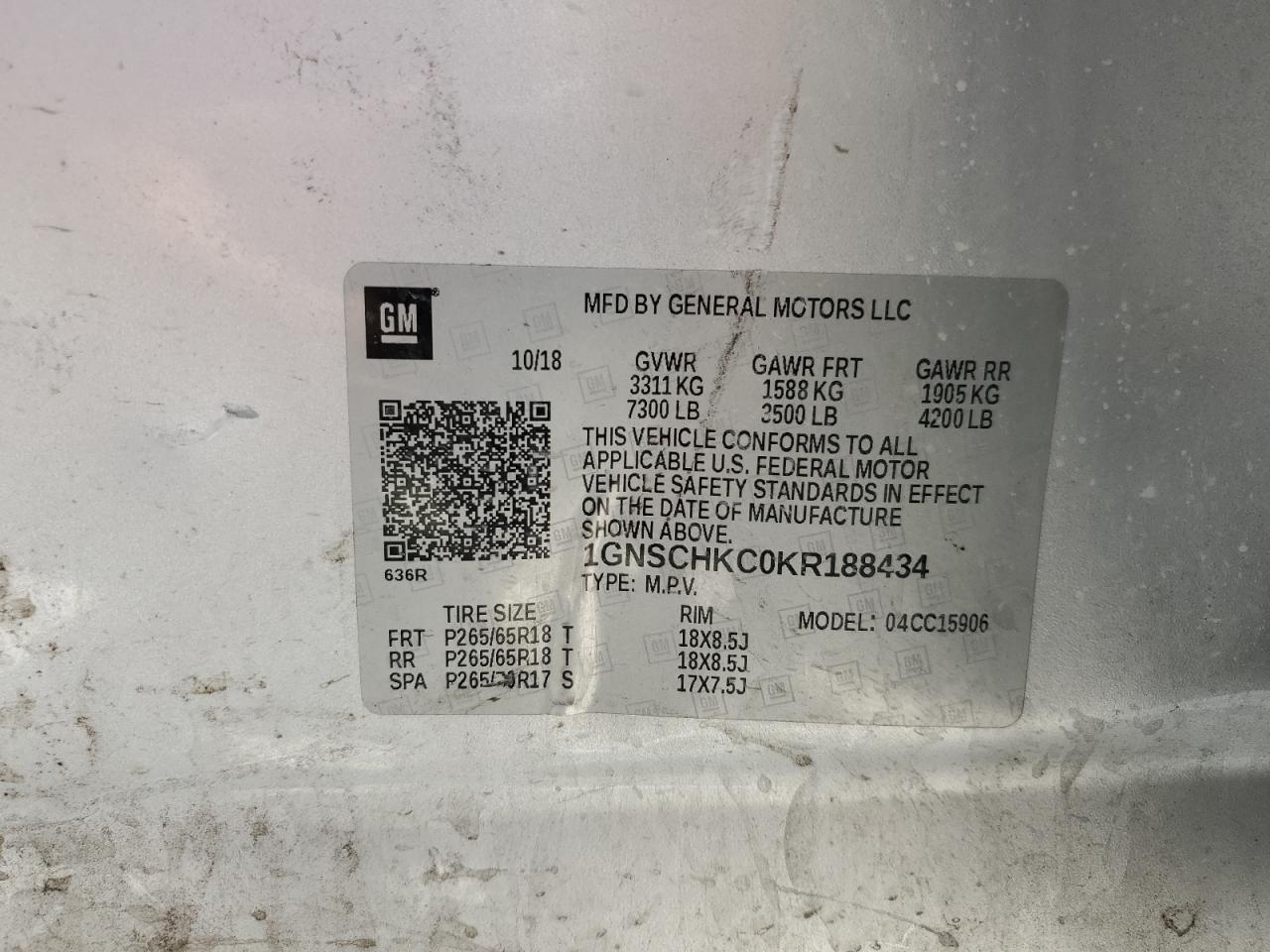 2019 Chevrolet Suburban C1500 Lt VIN: 1GNSCHKC0KR188434 Lot: 56399365