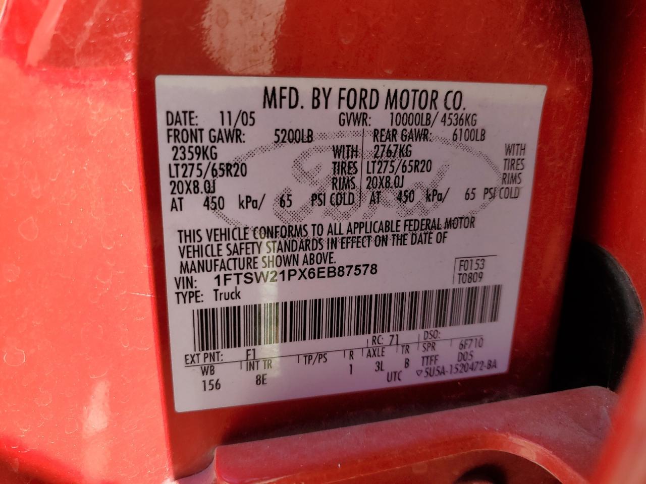 2006 Ford F250 Super Duty VIN: 1FTSW21PX6EB87578 Lot: 56409365