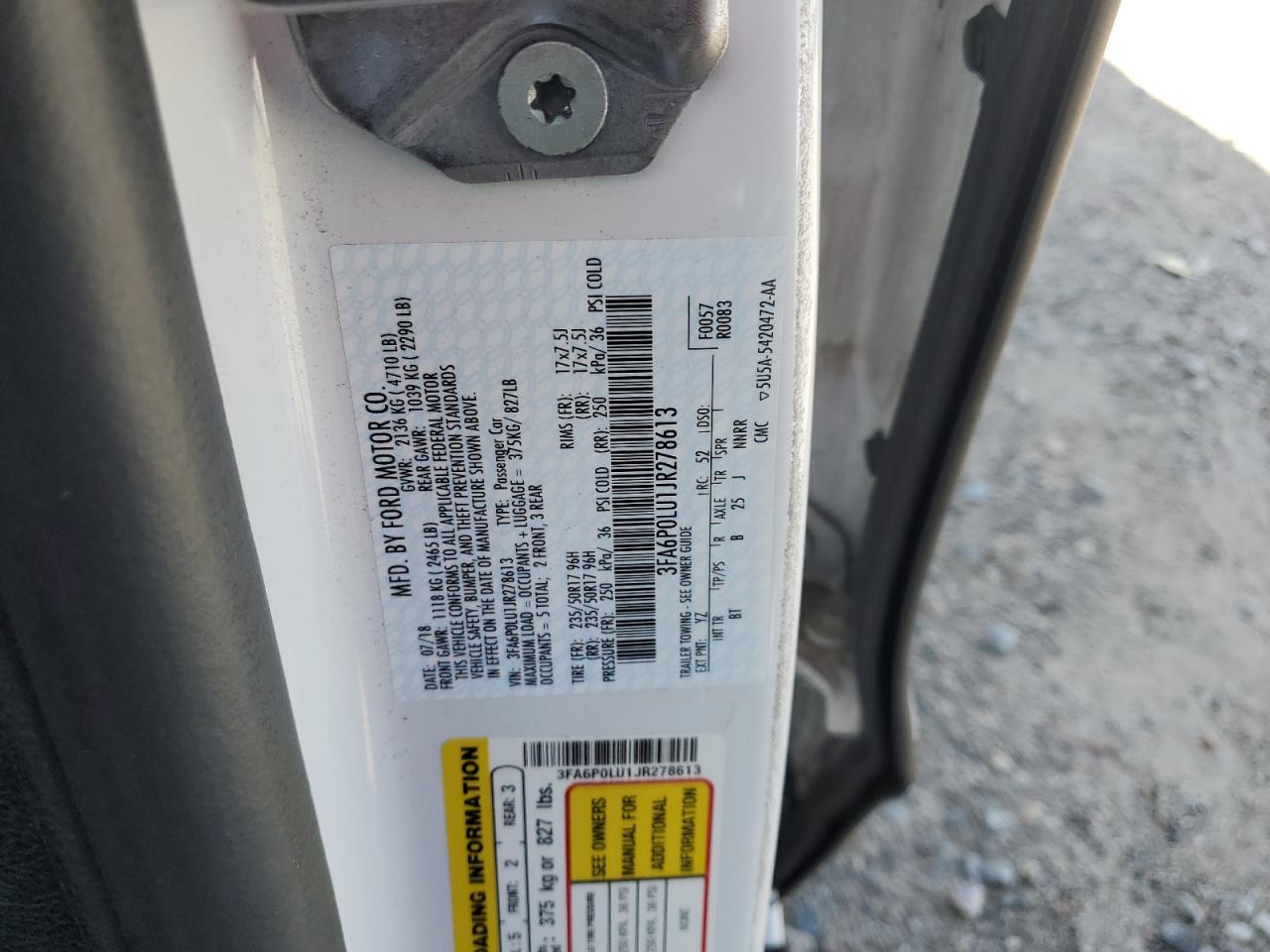 2018 Ford Fusion Se Hybrid VIN: 3FA6P0LU1JR278613 Lot: 57159325