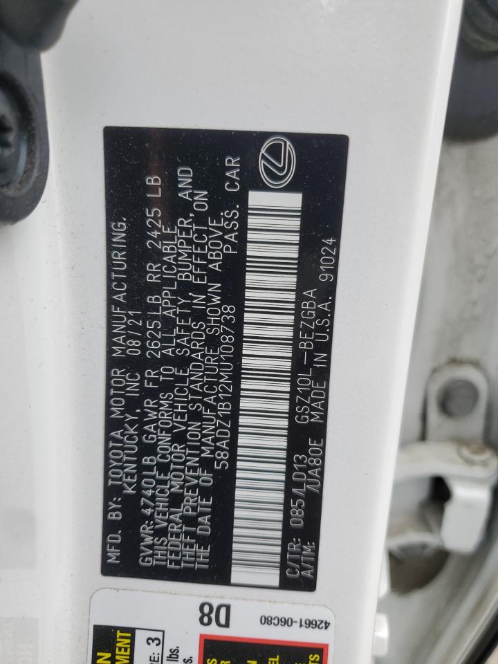 2021 Lexus Es 350 Base VIN: 58ADZ1B12MU108738 Lot: 57853535
