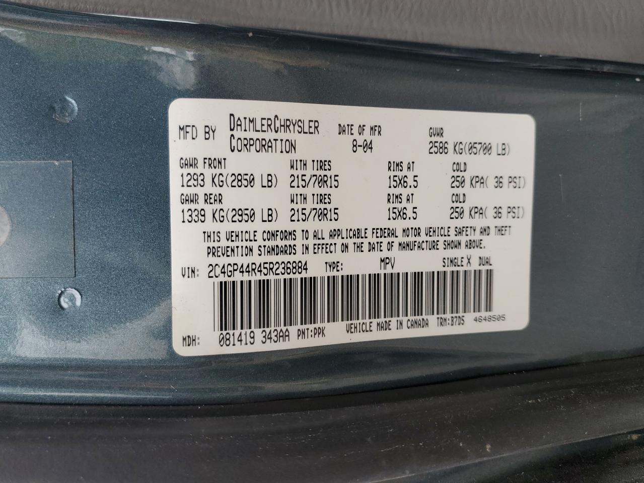 2005 Chrysler Town & Country Lx VIN: 2C4GP44R45R236884 Lot: 56103235