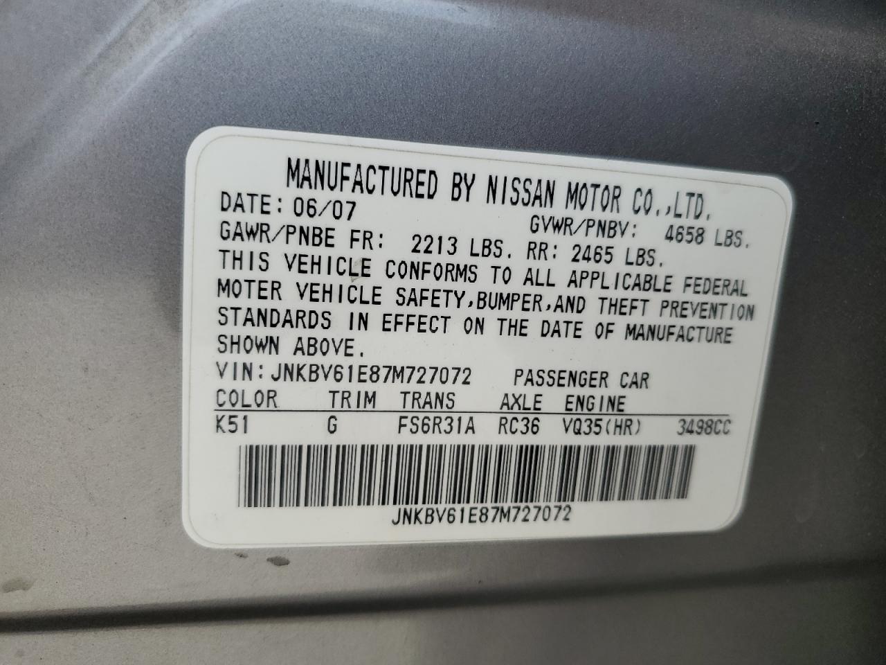 2007 Infiniti G35 VIN: JNKBV61E87M727072 Lot: 84236835