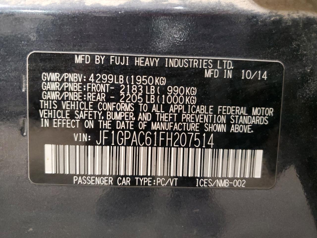 2015 Subaru Impreza Premium VIN: JF1GPAC61FH207514 Lot: 57147235