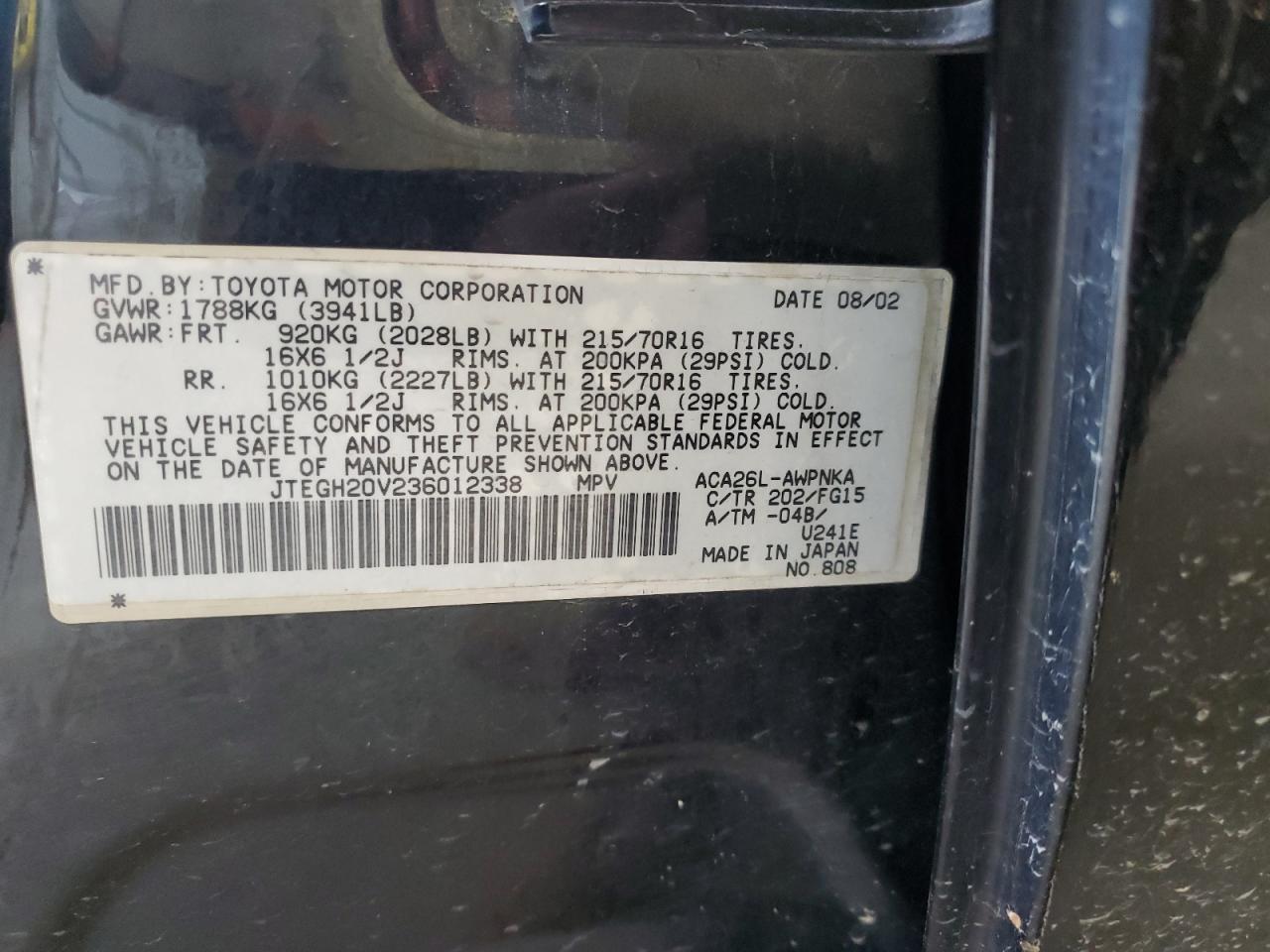 2003 Toyota Rav4 VIN: JTEGH20V236012338 Lot: 58544065
