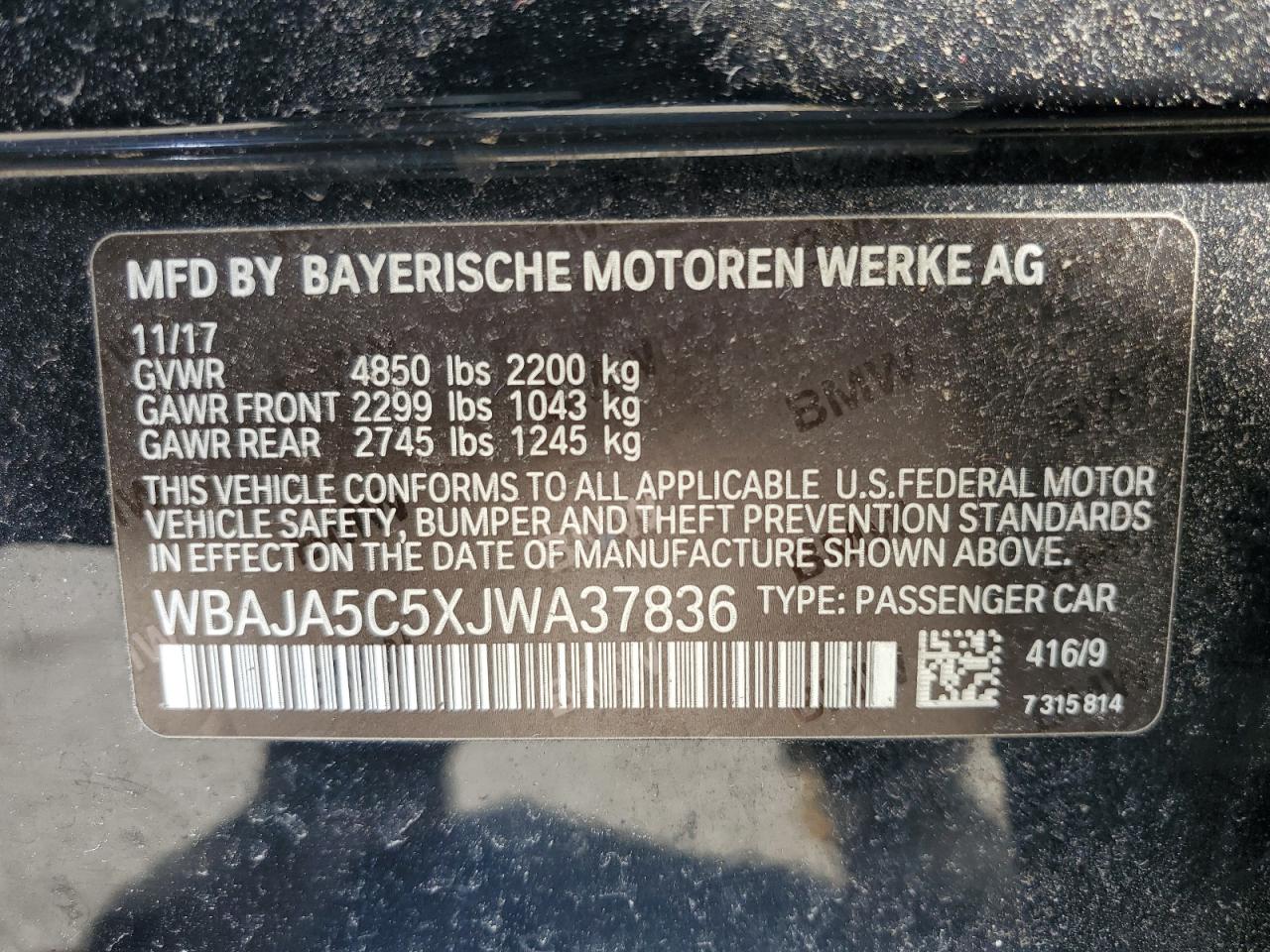 2018 BMW 530 I VIN: WBAJA5C5XJWA37836 Lot: 55497665