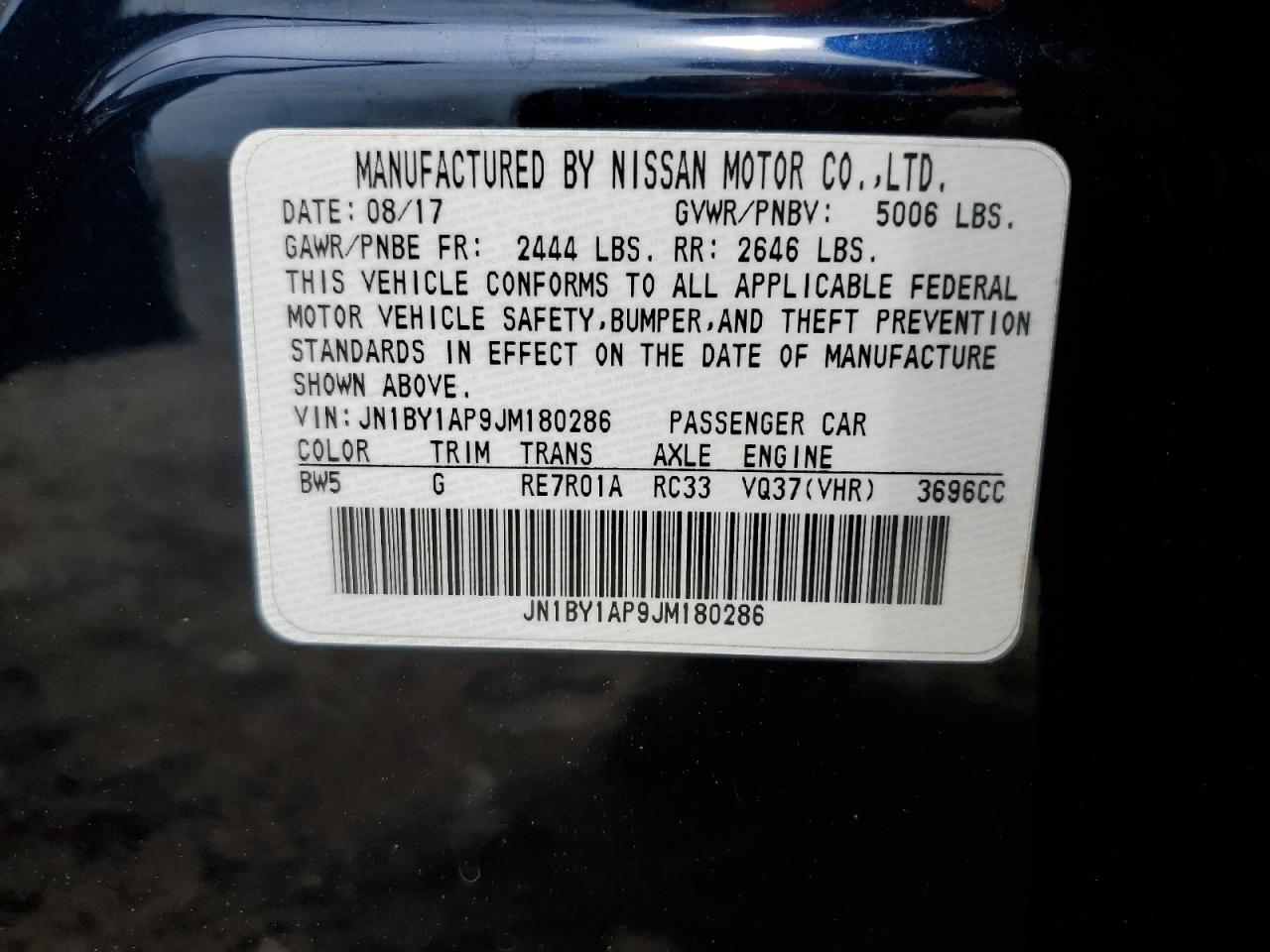 2018 Infiniti Q70 3.7 Luxe VIN: JN1BY1AP9JM180286 Lot: 55226265