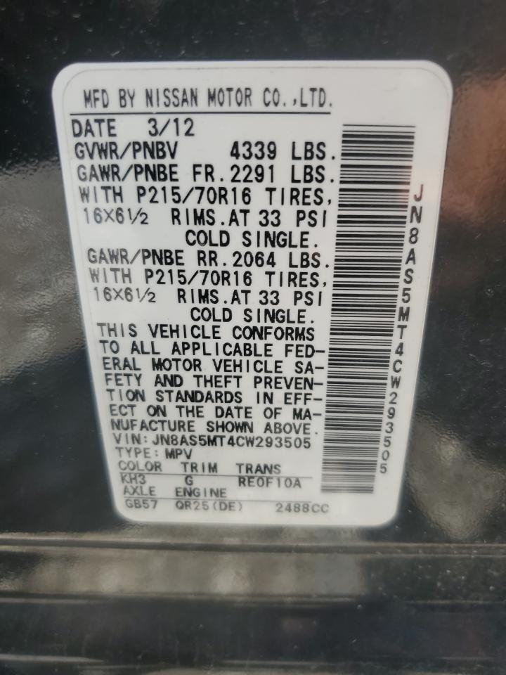 2012 Nissan Rogue S VIN: JN8AS5MT4CW293505 Lot: 56985745