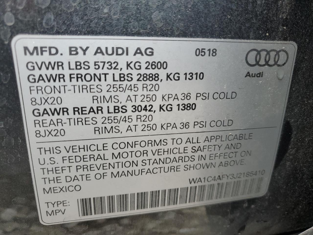 2018 Audi Sq5 Prestige VIN: WA1C4AFY3J2185410 Lot: 56723415