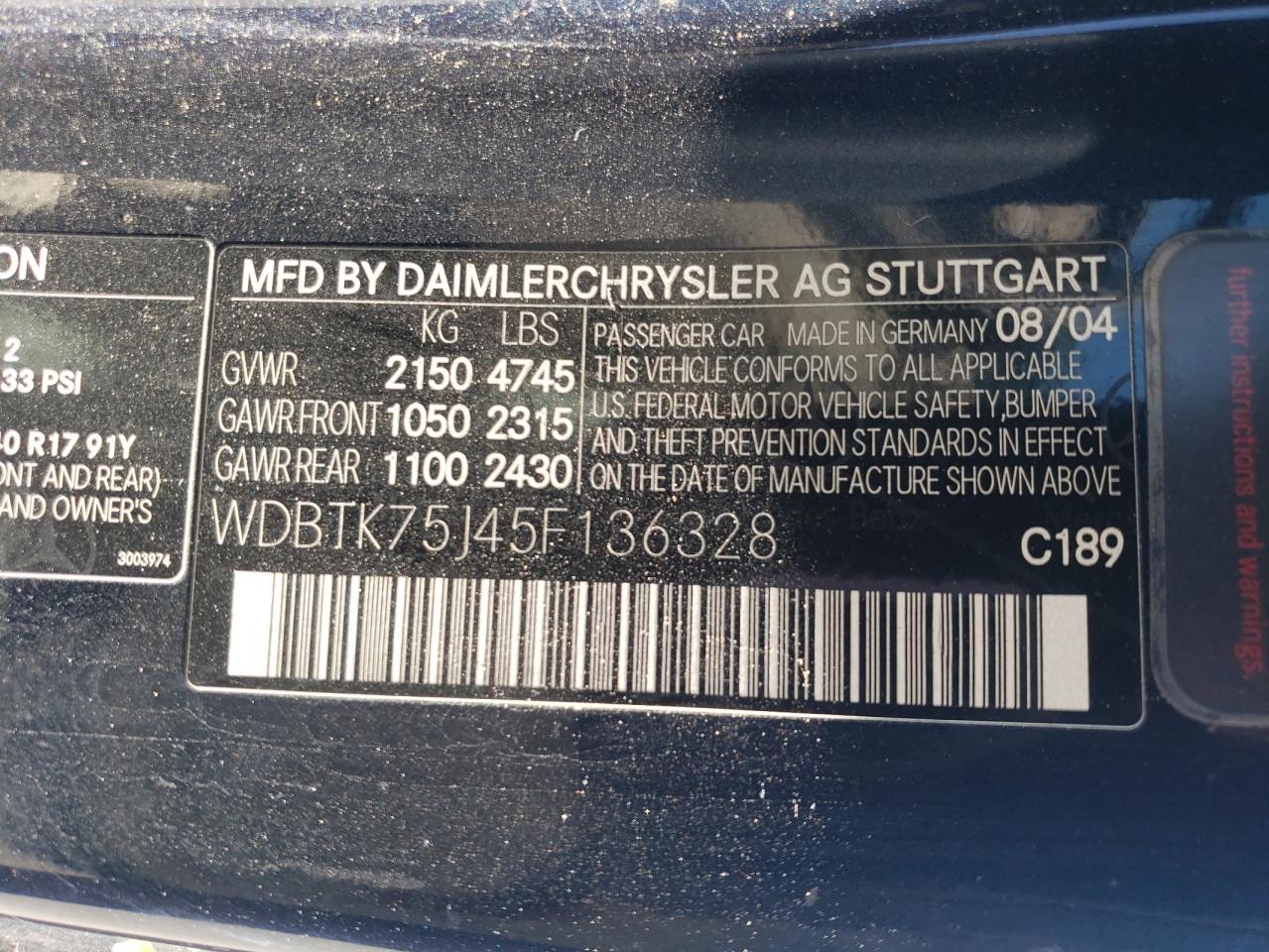 2005 Mercedes-Benz Clk 500 VIN: WDBTK75J45F136328 Lot: 58567925