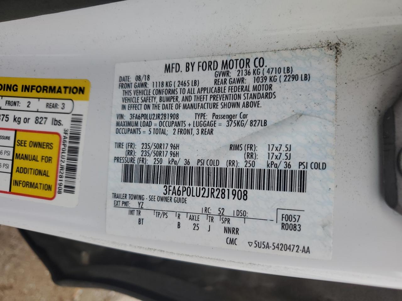 2018 Ford Fusion Se Hybrid VIN: 3FA6P0LU2JR281908 Lot: 54031665