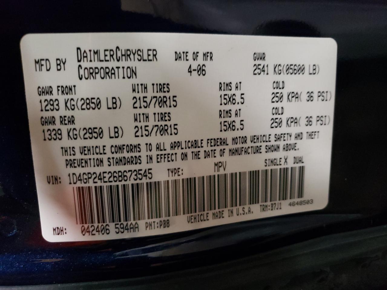 2006 Dodge Grand Caravan Se VIN: 1D4GP24E26B673545 Lot: 56899775