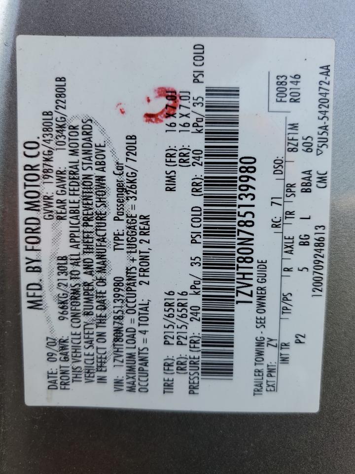 2008 Ford Mustang VIN: 1ZVHT80N785139980 Lot: 58023795