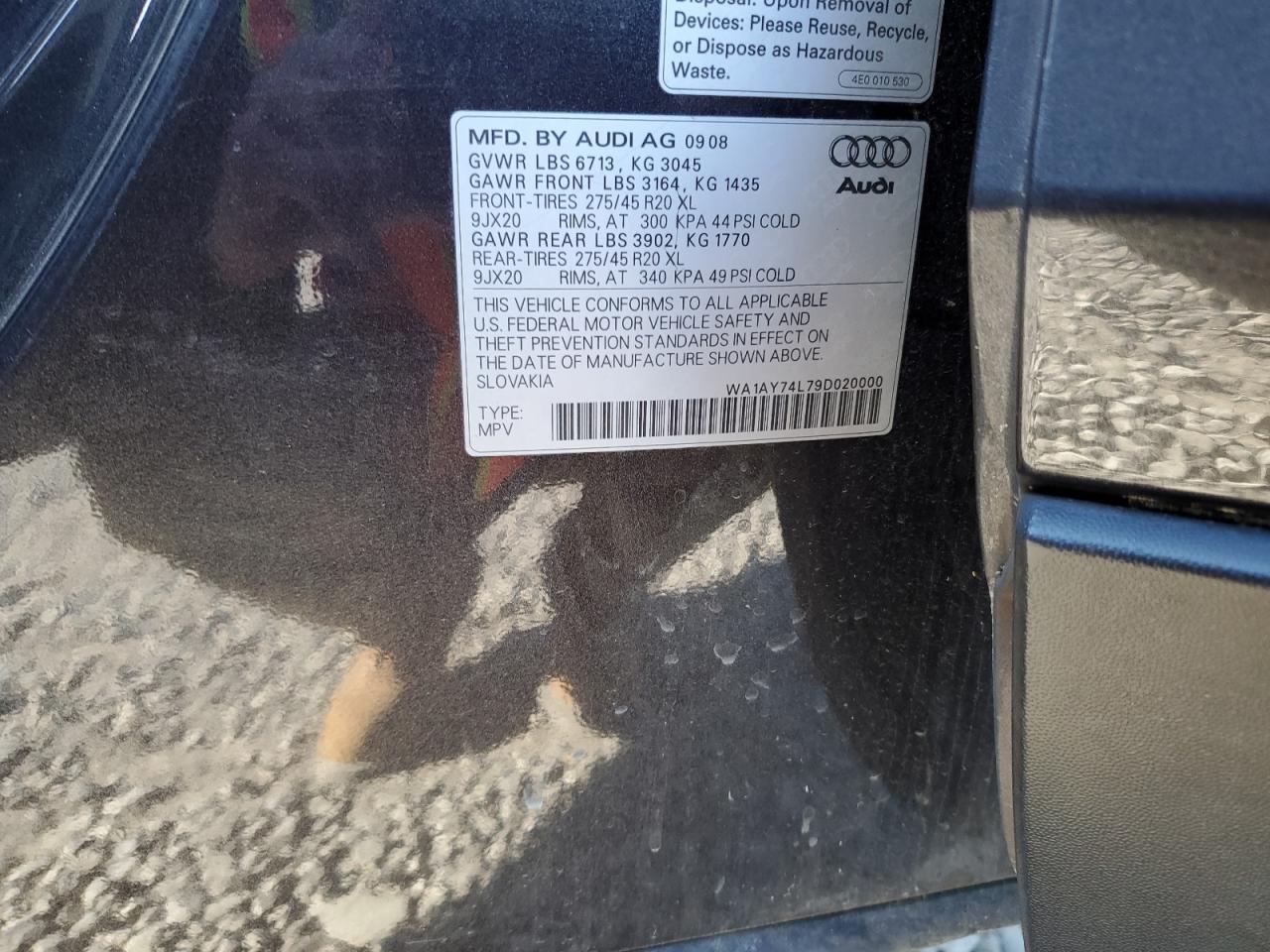 2009 Audi Q7 3.6 Quattro VIN: WA1AY74L79D020000 Lot: 56069905