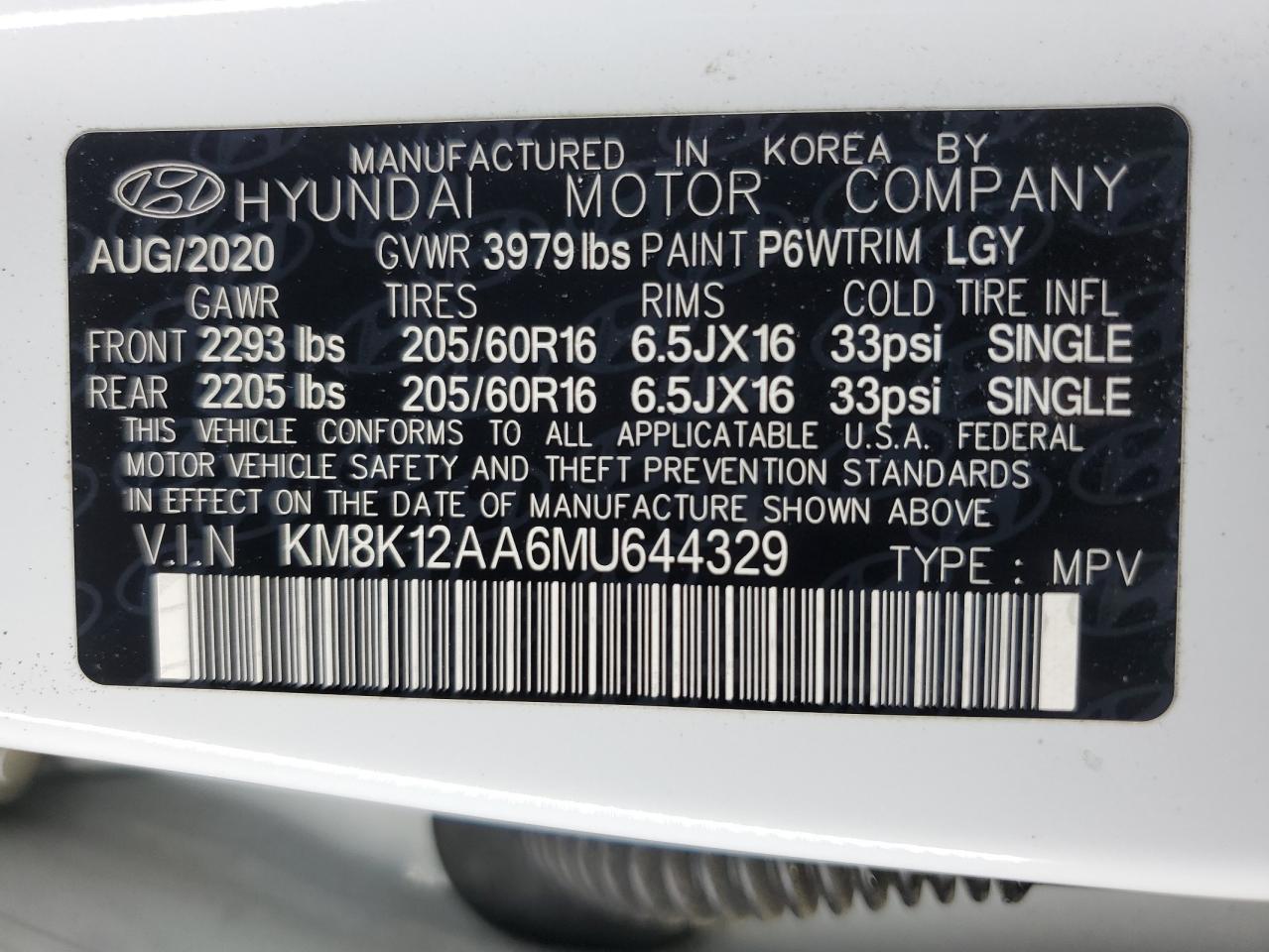 2021 Hyundai Kona Se VIN: KM8K12AA6MU644329 Lot: 58382655
