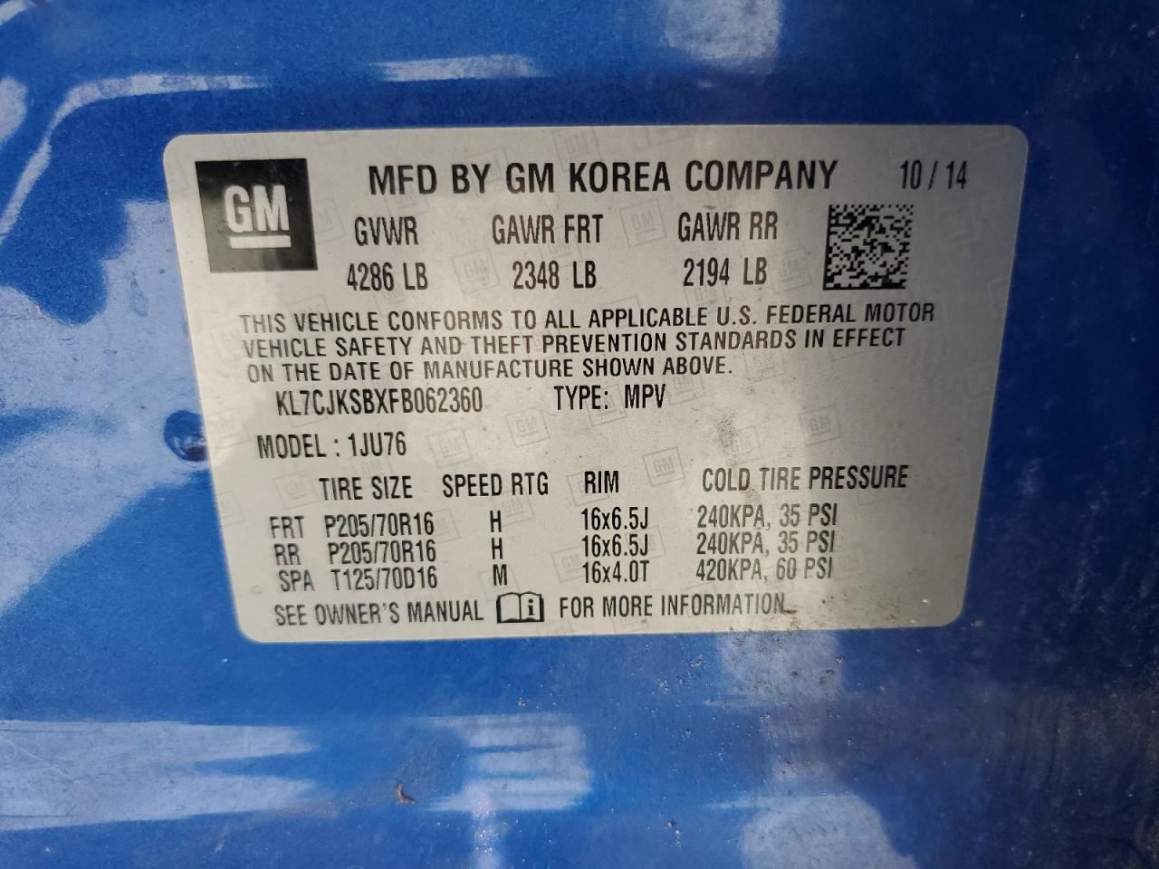 2015 Chevrolet Trax Ls VIN: KL7CJKSBXFB062360 Lot: 55218935