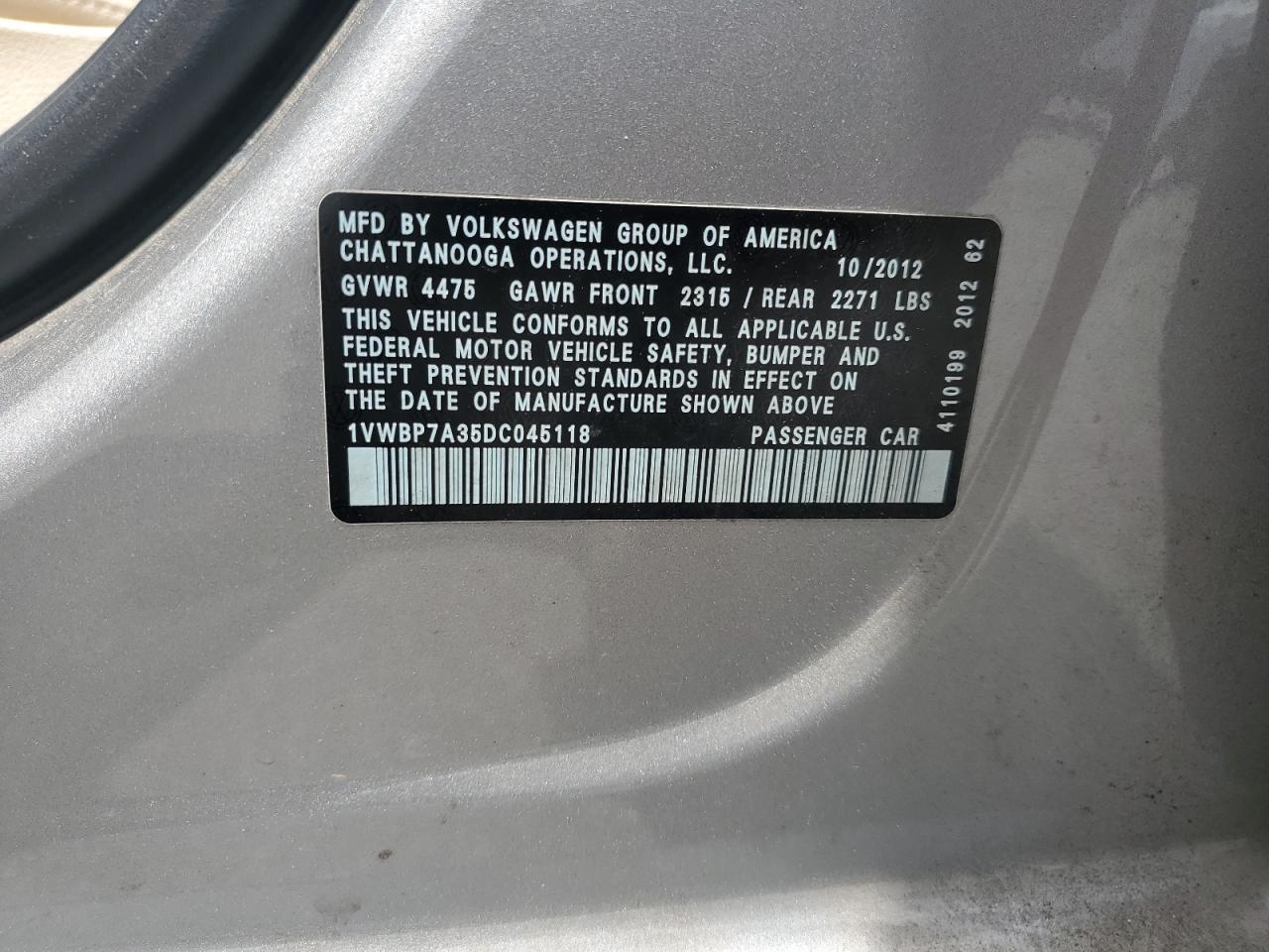 2013 Volkswagen Passat Se VIN: 1VWBP7A35DC045118 Lot: 56420465