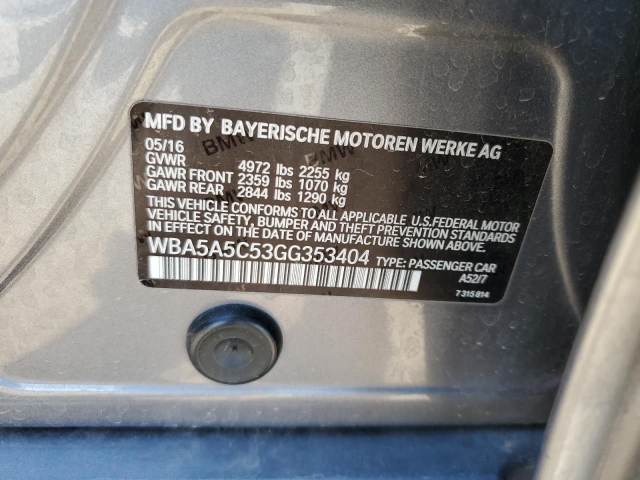 2016 BMW 528 I VIN: WBA5A5C53GG353404 Lot: 57158845
