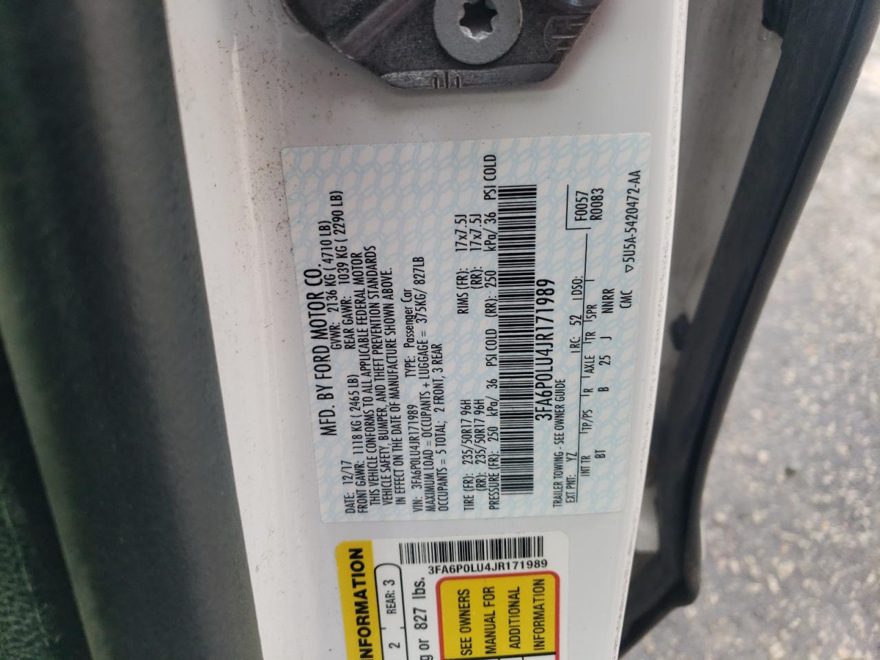 2018 Ford Fusion Se Hybrid VIN: 3FA6P0LU4JR171989 Lot: 54028915