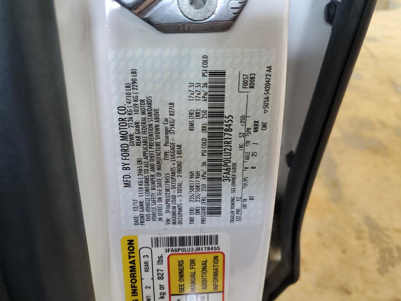 2018 Ford Fusion Se Hybrid VIN: 3FA6P0LU2JR178455 Lot: 54027975