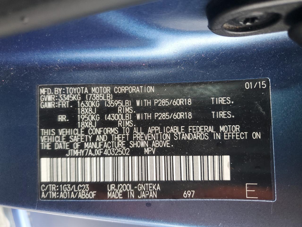 2015 Toyota Land Cruiser VIN: JTMHY7AJXF4032502 Lot: 56934525