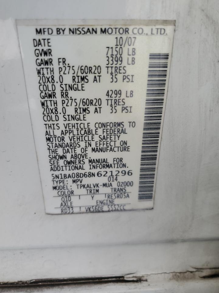 2008 Nissan Armada Se VIN: 5N1BA08D68N621296 Lot: 57113205
